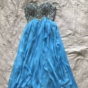 SHERRI HILL Blue beaded embellished gemstone rhinestone chiffon dress